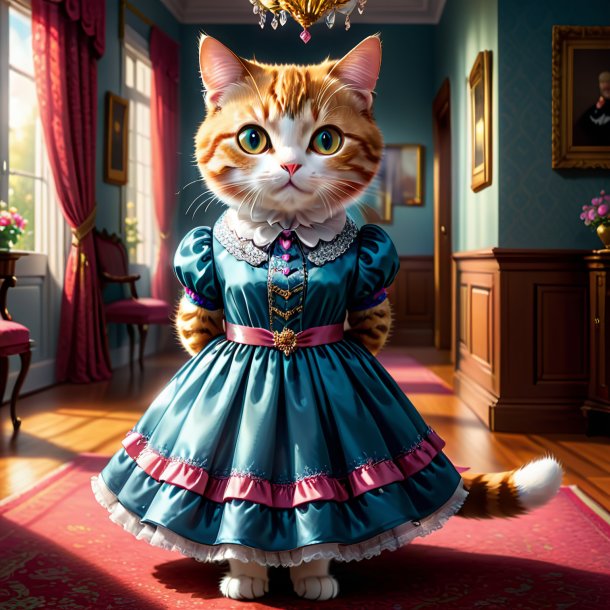 Ilustración de un gato en un vestido en la casa