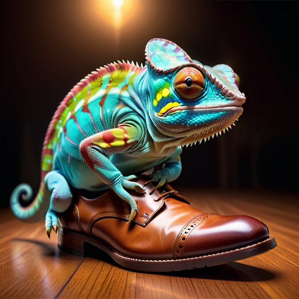 Image d'un caméléon dans une chaussure brune