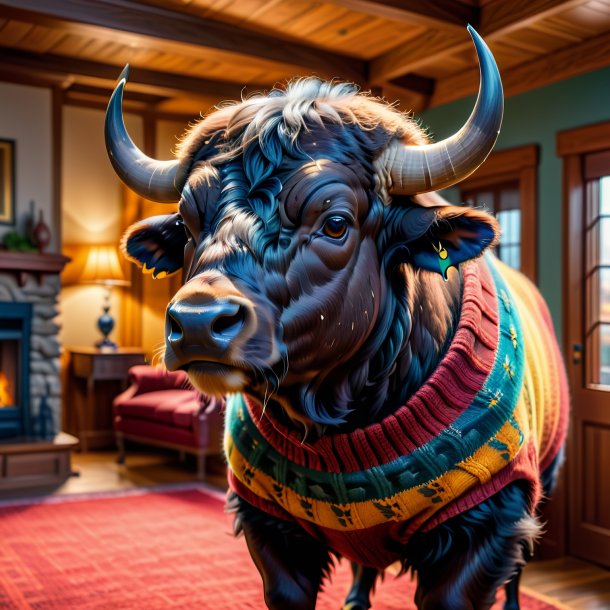 Image of a buffalo in a sweater in the house