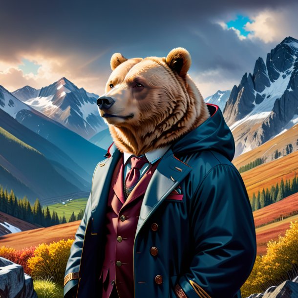 Illustration of a bear in a coat in the mountains