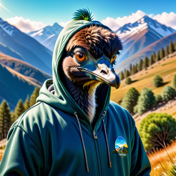 Imagem de uma emu em um hoodie nas montanhas