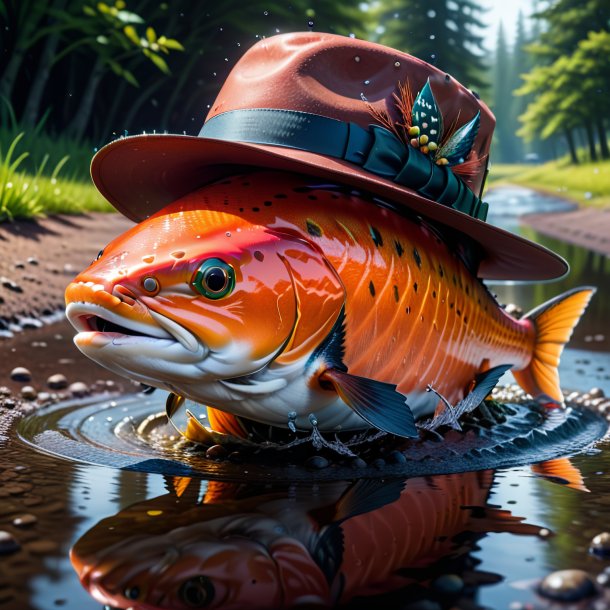 Illustration of a salmon in a hat in the puddle