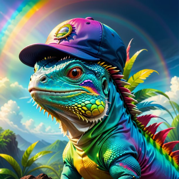 Illustration of a iguana in a cap on the rainbow