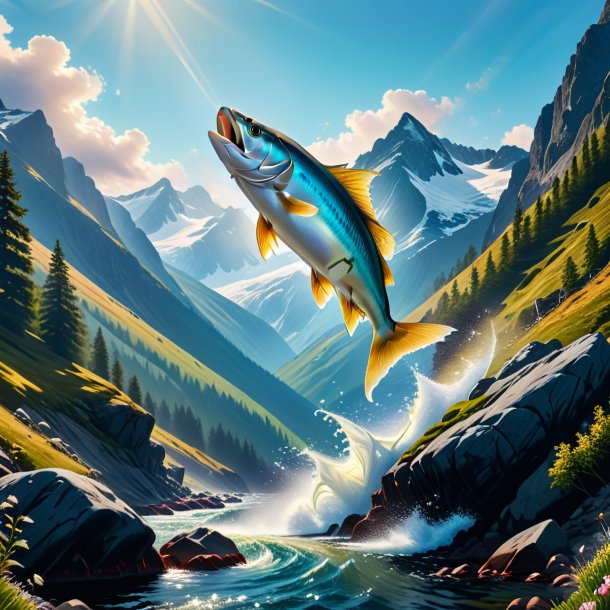 Pic of a jumping of a haddock in the mountains