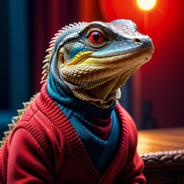 Picture of a monitor lizard in a red sweater