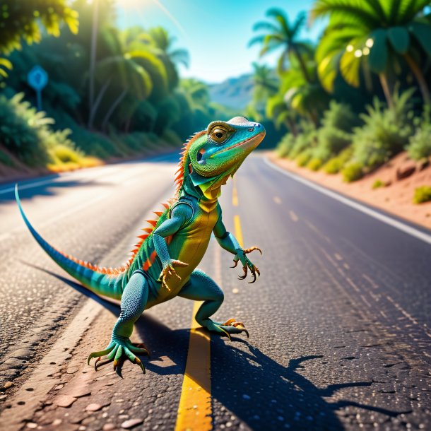 Image of a dancing of a lizard on the road