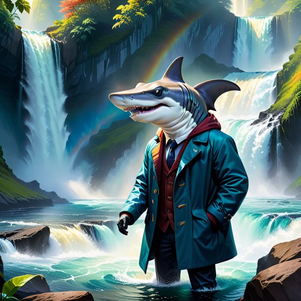 Illustration of a hammerhead shark in a coat in the waterfall