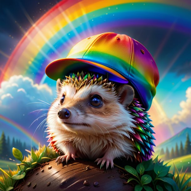 Illustration of a hedgehog in a cap on the rainbow