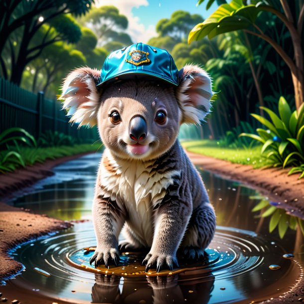 Illustration of a koala in a cap in the puddle