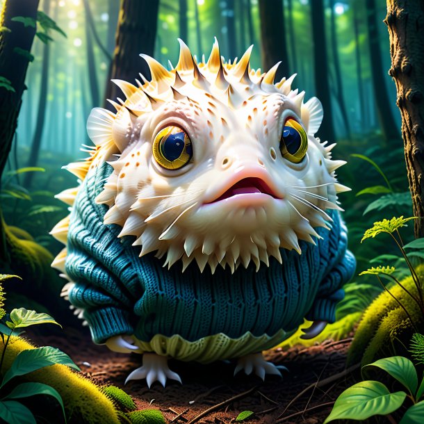 Drawing of a pufferfish in a sweater in the forest