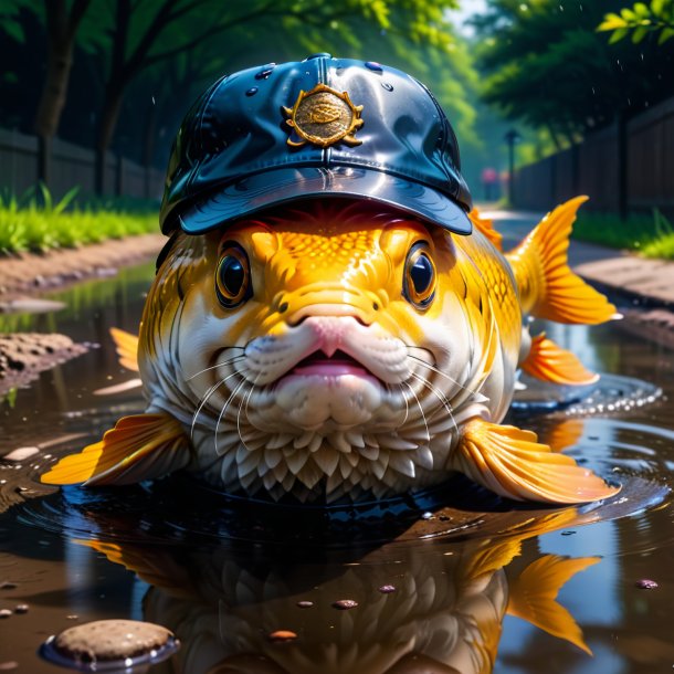 Picture of a carp in a cap in the puddle