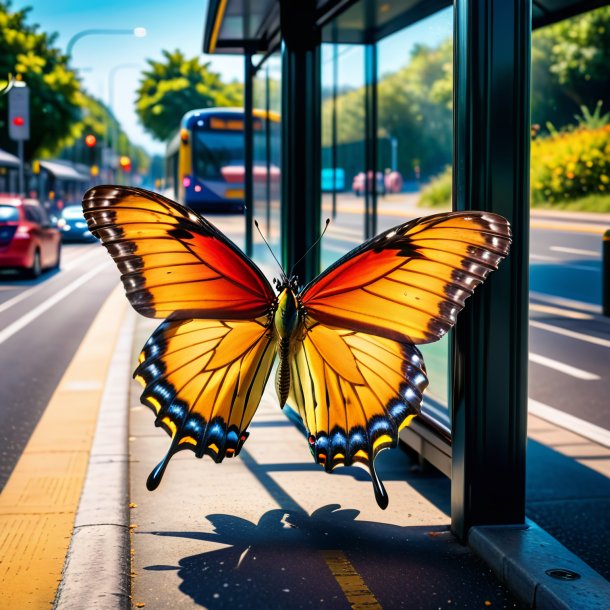 Foto de un baño de una mariposa en la parada de autobús