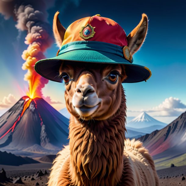 Image of a llama in a cap in the volcano