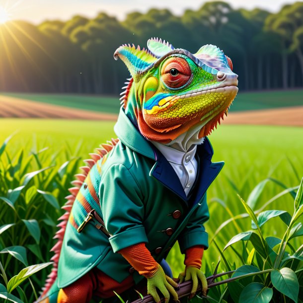 Drawing of a chameleon in a coat on the field