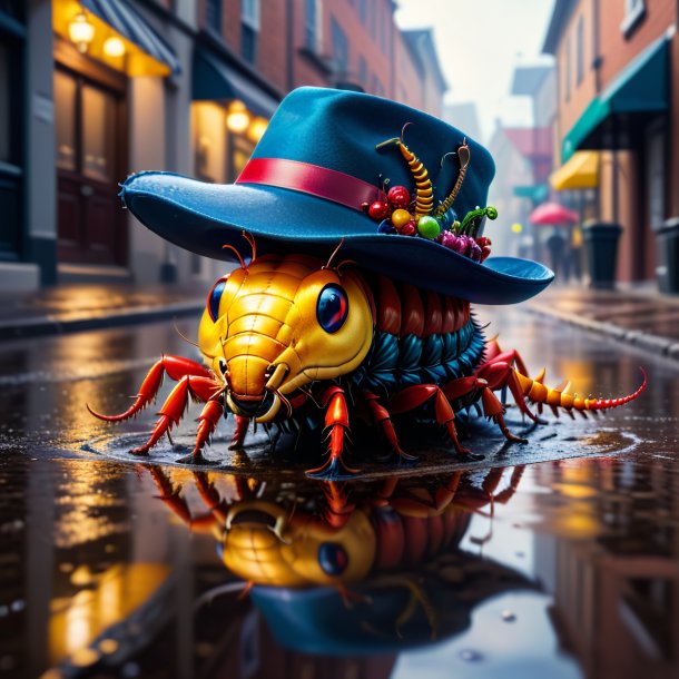 Photo of a centipede in a hat in the puddle