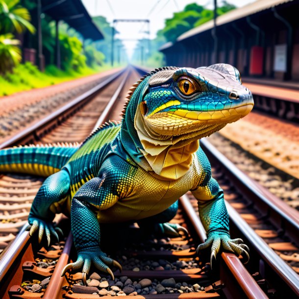 Imagem de um lagarto monitor em um cinto nos trilhos ferroviários