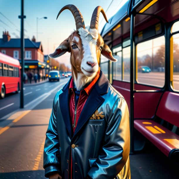 Imagem de uma cabra em uma jaqueta no ponto de ônibus