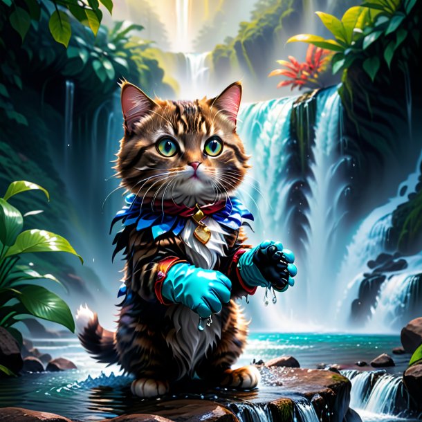 Illustration of a cat in a gloves in the waterfall