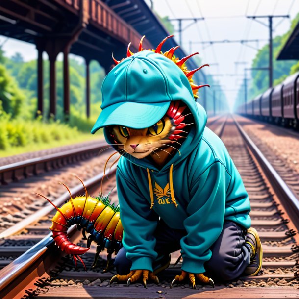 Foto de uma centopeia em um hoodie nos trilhos ferroviários