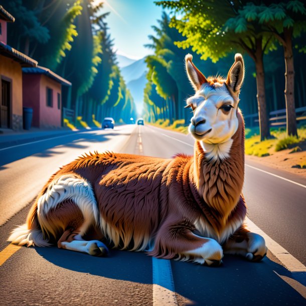 Photo d'un sommeil d'un lama sur la route