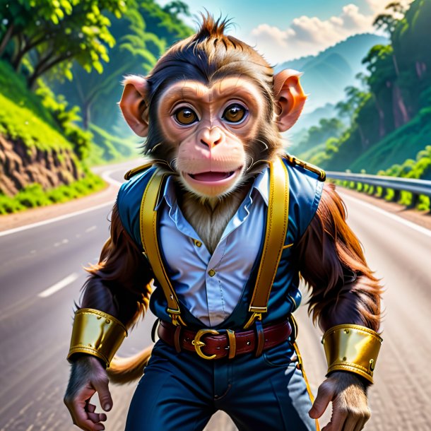 Image d'un singe dans une ceinture sur la route