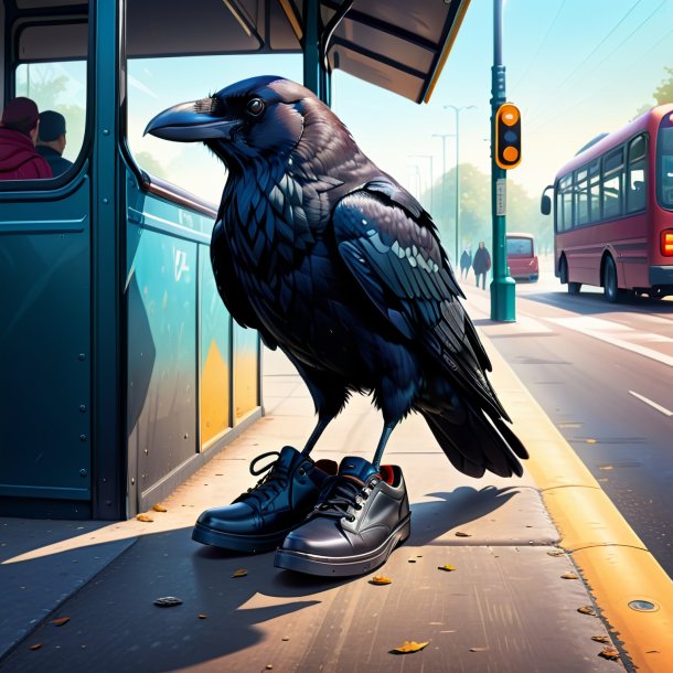 Illustration of a crow in a shoes on the bus stop