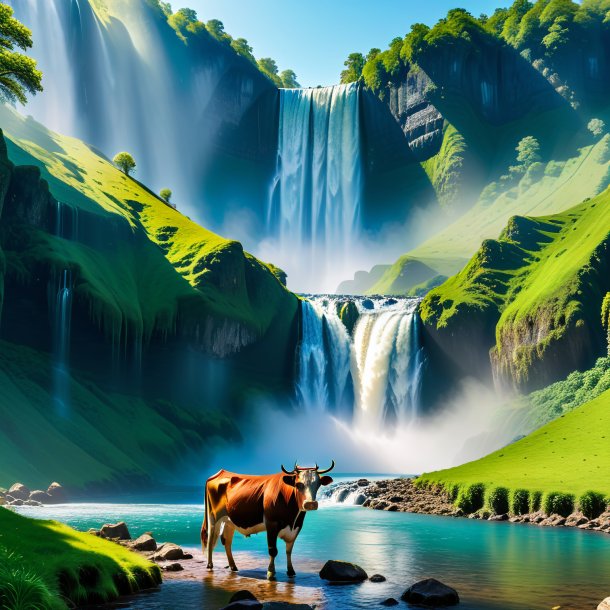 Image of a waiting of a cow in the waterfall