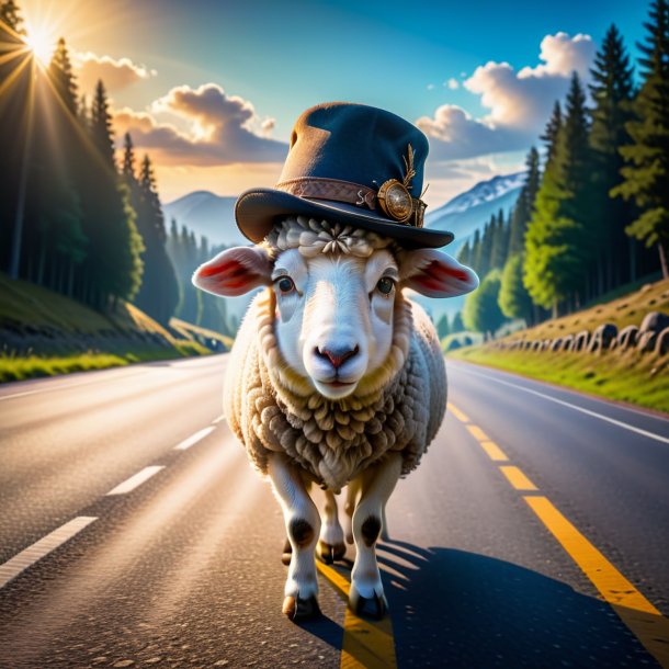 Picture of a sheep in a hat on the road