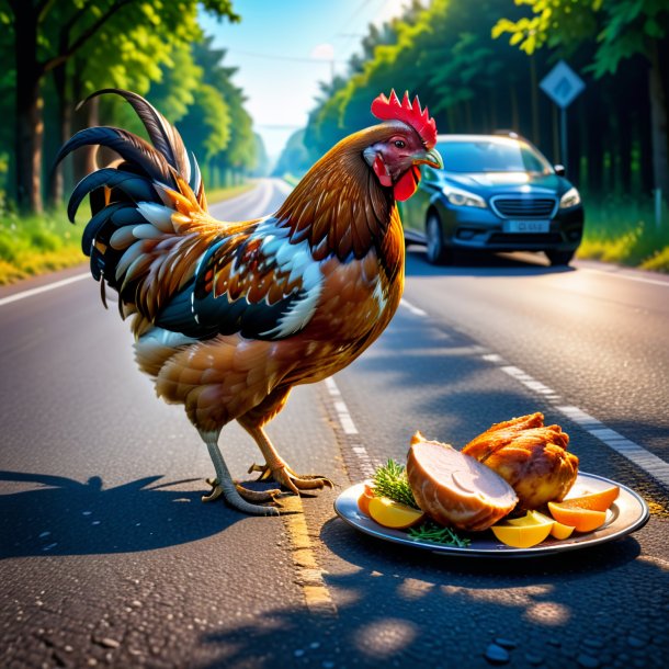 Imagem de um comer de uma galinha na estrada