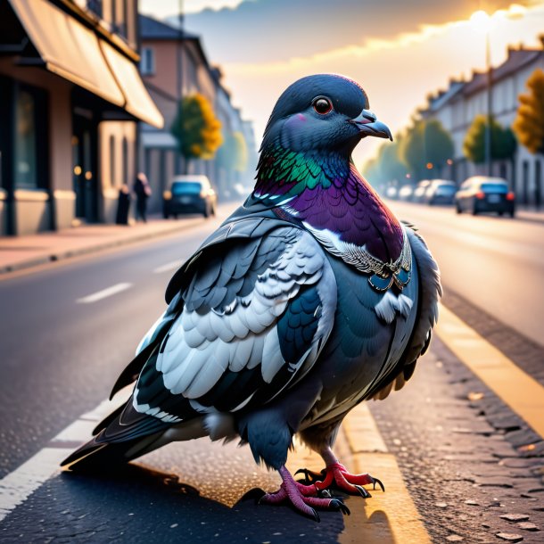 Pic of a pigeon in a jacket on the road