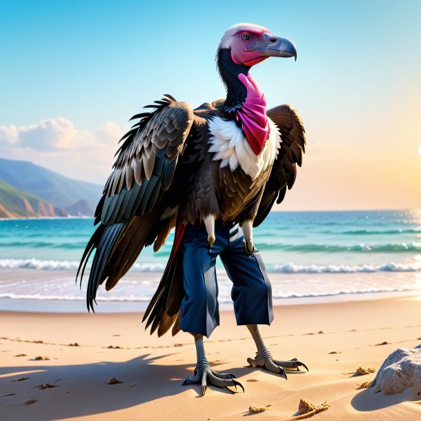 Image of a vulture in a trousers on the beach