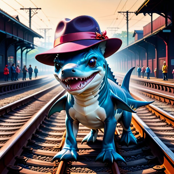 Illustration of a hammerhead shark in a hat on the railway tracks