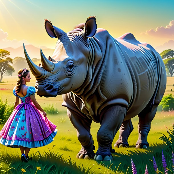 Image of a rhinoceros in a dress in the meadow