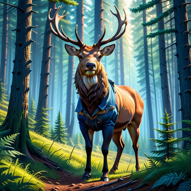 Illustration of a elk in a jeans in the forest