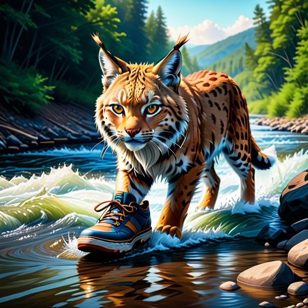 Ilustración de un lince en un zapato en el río