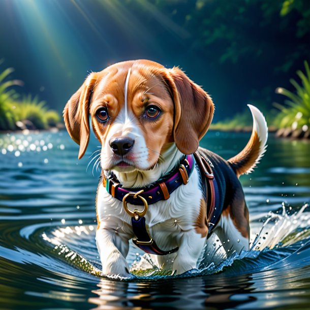 Imagen de un beagle en un cinturón en el agua