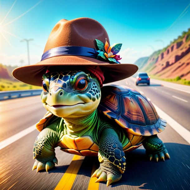 Foto de una tortuga en un sombrero en la carretera