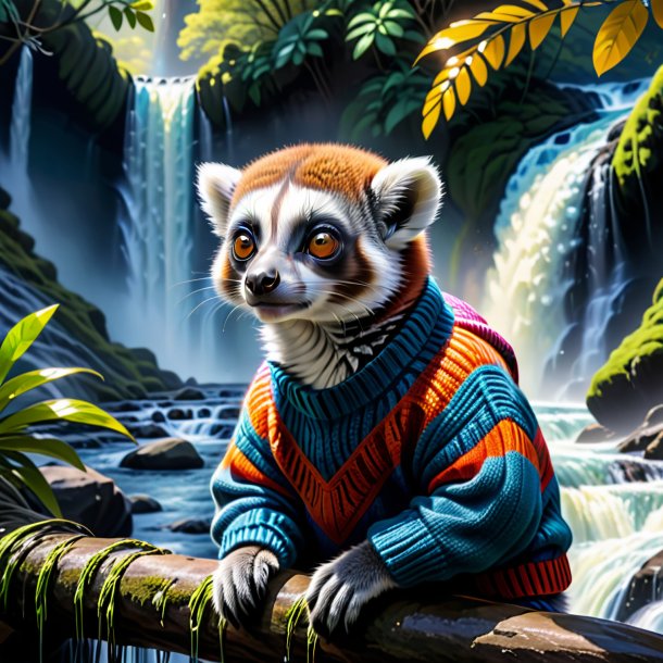 Drawing of a lemur in a sweater in the waterfall