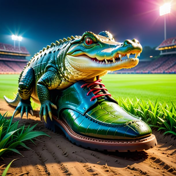 Pic of a crocodile in a shoes on the field