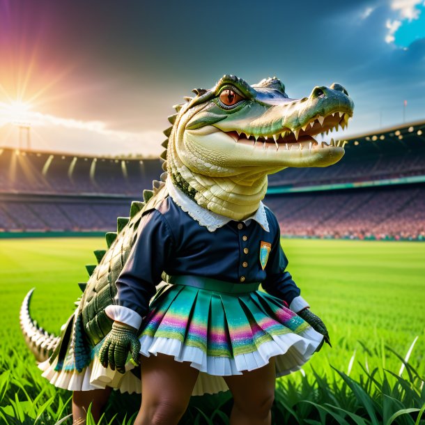 Foto de um crocodilo em uma saia no campo