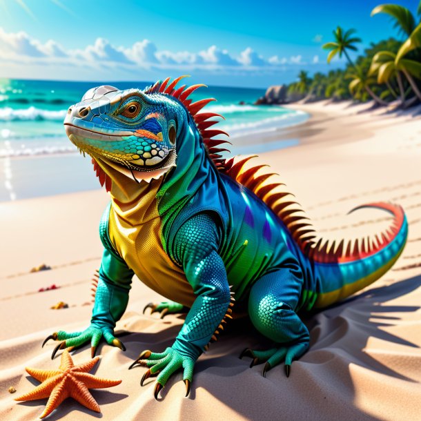 Ilustración de una iguana en guantes en la playa