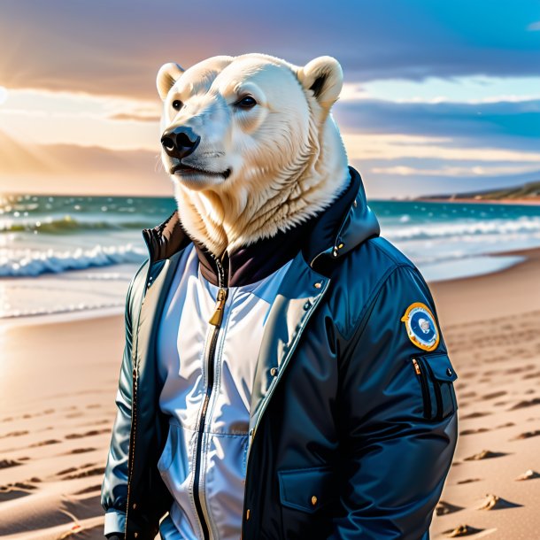 Image of a polar bear in a jacket on the beach