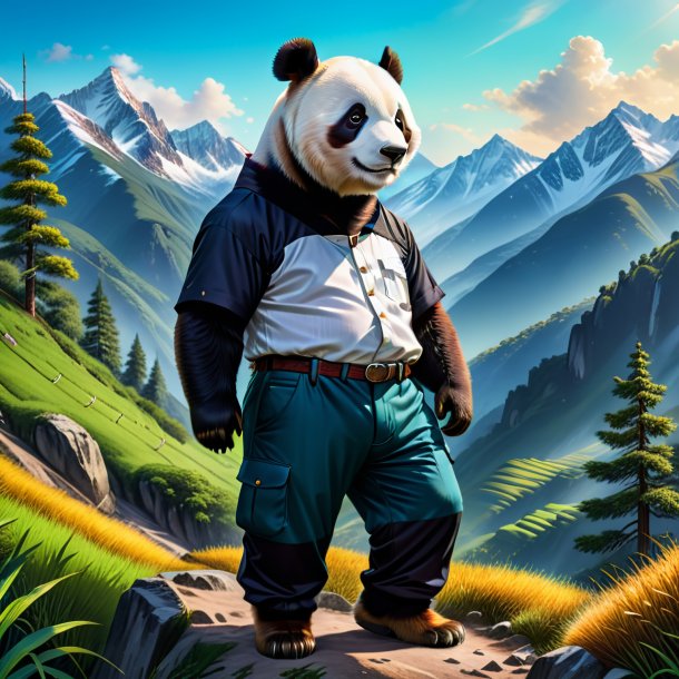 Drawing of a giant panda in a trousers in the mountains