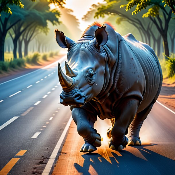 Photo of a dancing of a rhinoceros on the road