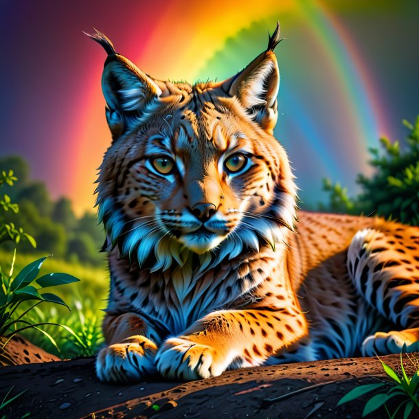 Picture of a resting of a lynx on the rainbow