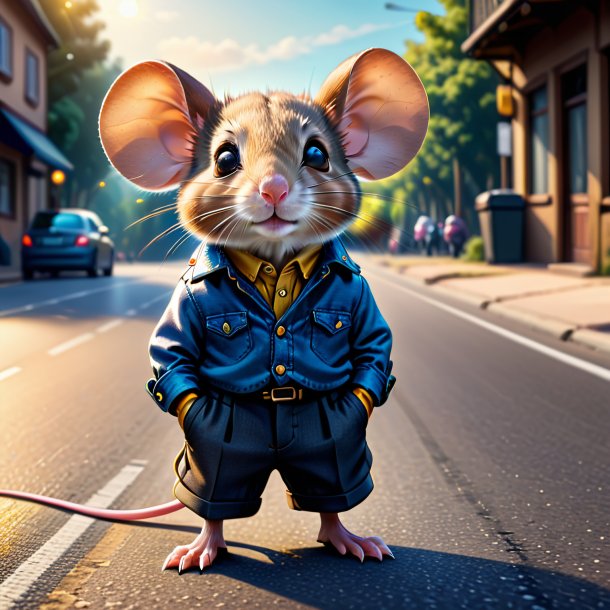 Dessin d'une souris dans un pantalon sur la route