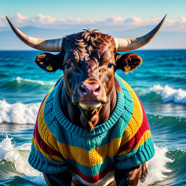 Photo of a bull in a sweater in the sea