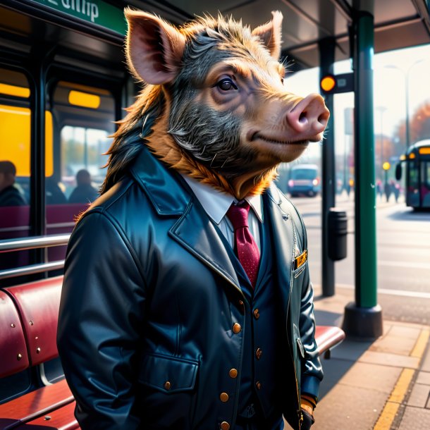 Image of a boar in a jacket on the bus stop