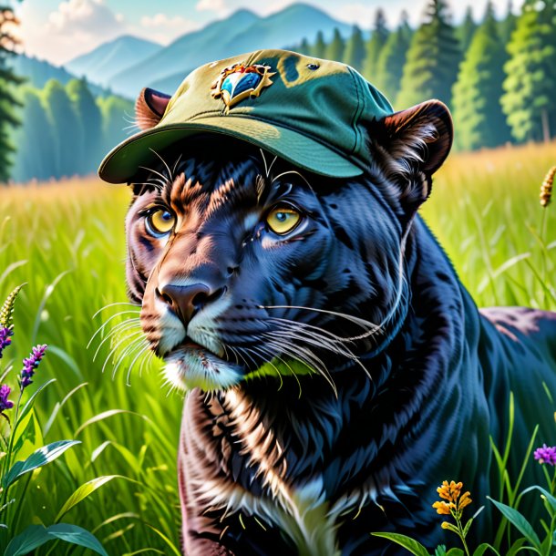 Photo of a panther in a cap in the meadow