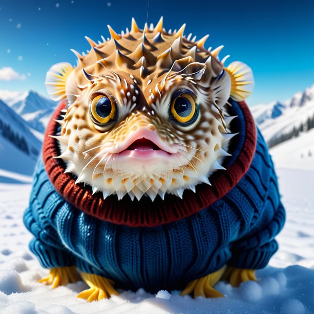 Picture of a pufferfish in a sweater in the snow